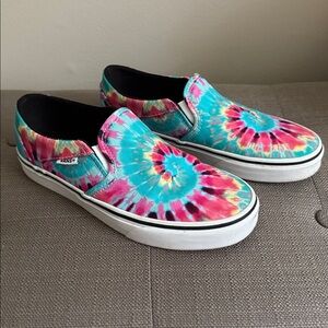Vans 8 tie dye slip on shoes loafers casual womens teal pink skateboard